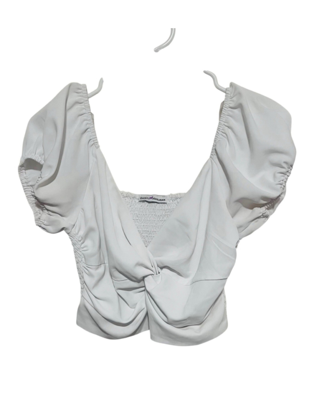 Dainty Hooligan Puff Sleeve Ruched Crop Blouse Women’s Medium White Stretch Top
